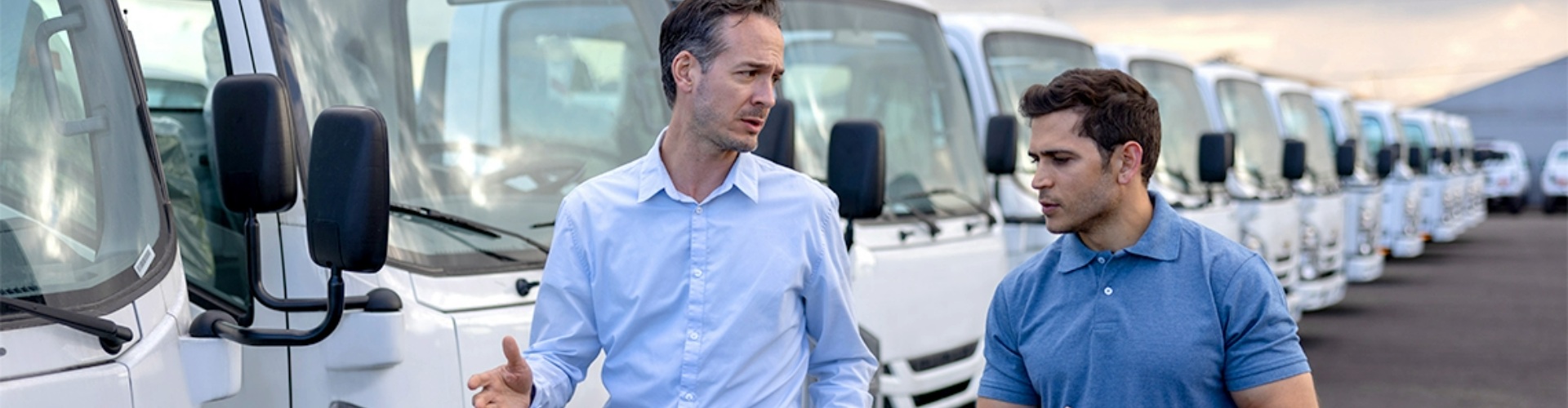 Two men talking and walking past a fleet of trucks which are parked in a neat line.