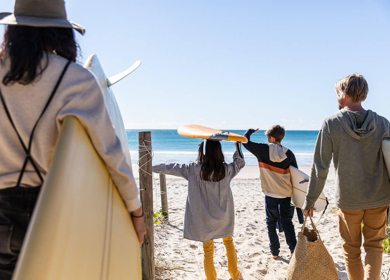 Family of 4 venturing onto a beach