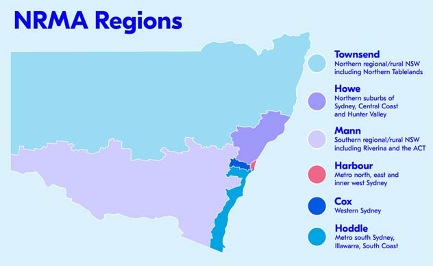 Map showing the six NRMA regions in NSW including Townsend, Howe, Mann, Harbour, Cox and Hoddle