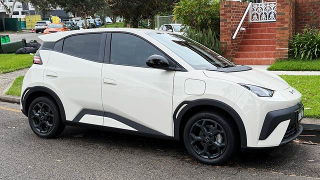 A white BYD Atto 1 parked on a street