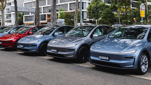 A group of Tesla Model Y vehicles parked