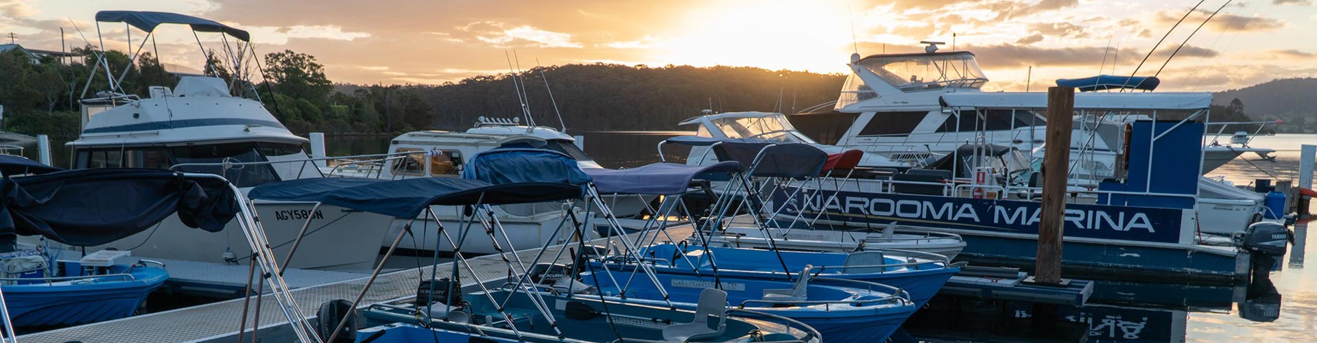 Boats at Narooma marina at sunset