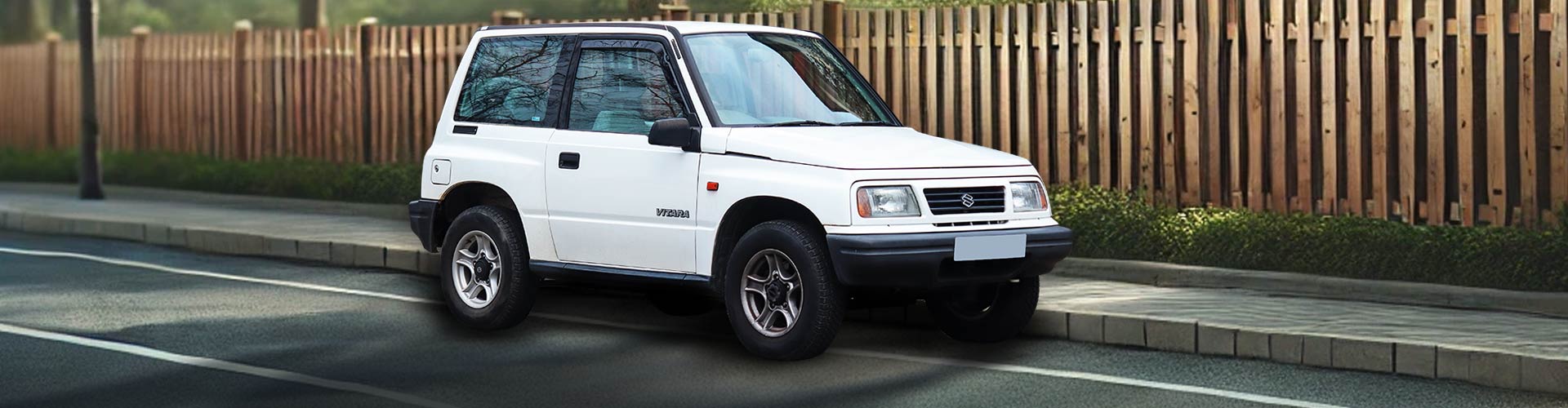 1998 Suzuki Vitara on AI-generated background using vehicle image from Wikicommons taken by Vauxford