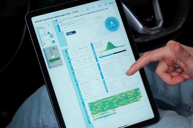 A finger pointing at Aviloo EV battery health app on iPad