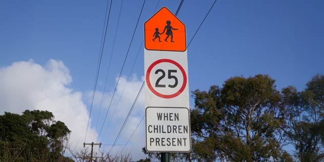 School zone sign with blue sky and trees behind it
