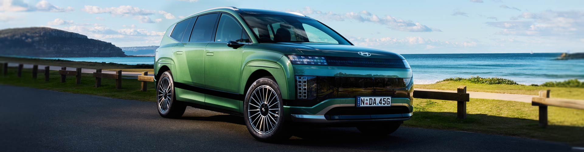 Green Hyundai Ioniq 9 parked by the beach