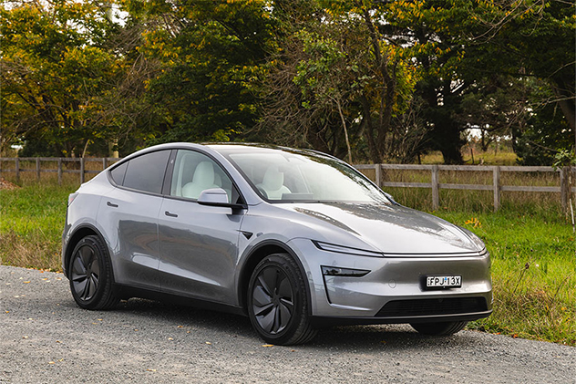 A Tesla Model Y parked near a field