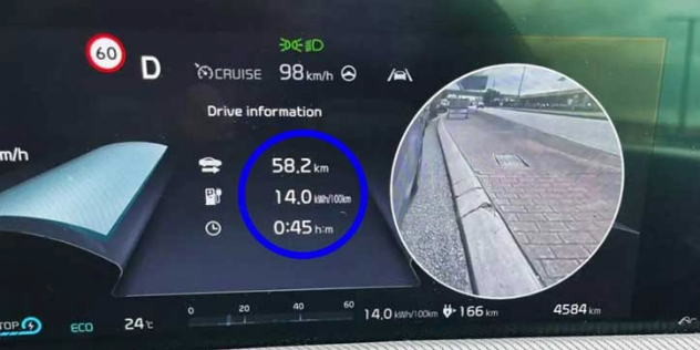 A digital display in a car showing recent drive information, of trip kilometres, kilowatts per one hundred kilometres, and trip duration.