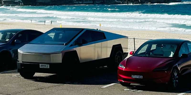 A Tesla Cybertruck parked at Bondi Beach