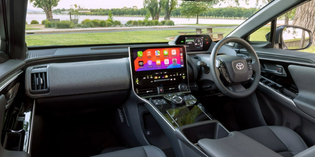 Front interior dashboard view of the Toyota bZ4X.