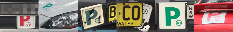 a selection of P and L plates displayed differently on a car