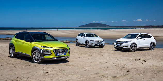 Mazda CX 3 and Honda HR V and Hyundai Kona on the beach