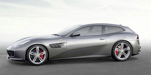 Side view of a sporty two door hatchback ferrari parked on a grey surface against a white background.