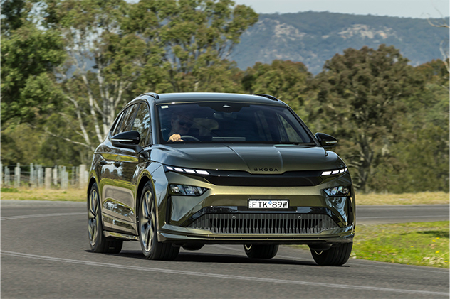2025 Skoda Enyaq driving on the road