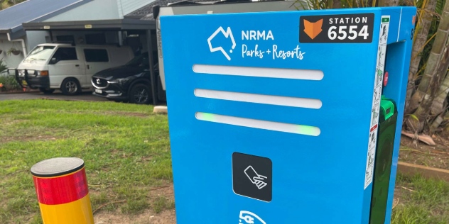 An NRMA EV charging station at a caravan park