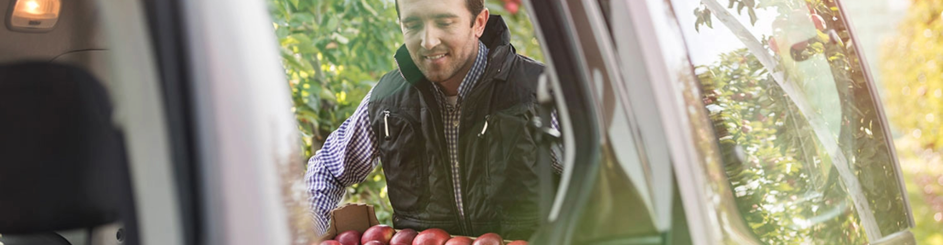 A small-business owner loads produce into the back of their van