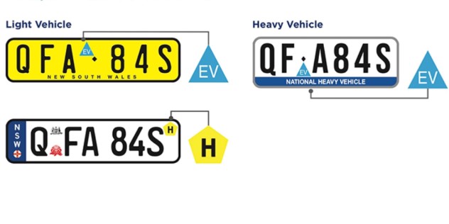 Two types of Light Vehicle plates, one yellow, with a blue sticker with the letters EV in the upper middle of the plate. The other plate is white, with a yellow sticker in a pentagram shape with a capital H, placed in the upper left corner. Last is a Heavy Vehicle plate with a blue EV label placed near the bottom of the plate, after the first two letters.