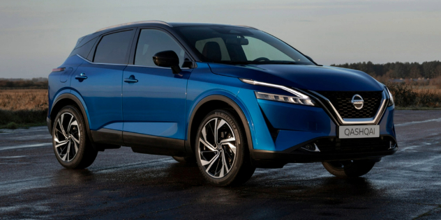 Side-angle view of a blue Nissan Qashqai.