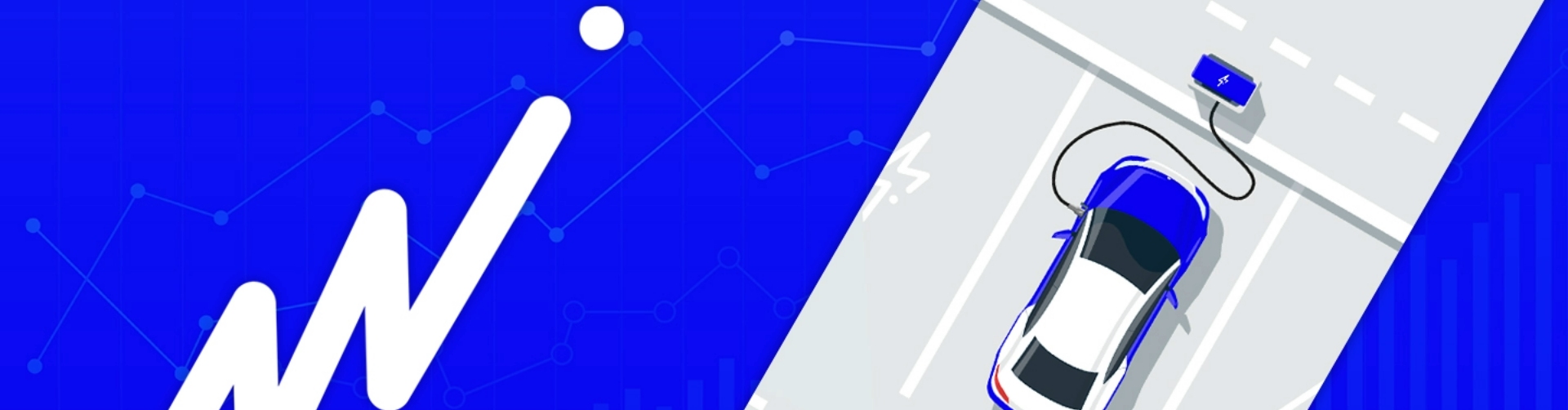 Blue, white and grey cartoon image of a car charging.