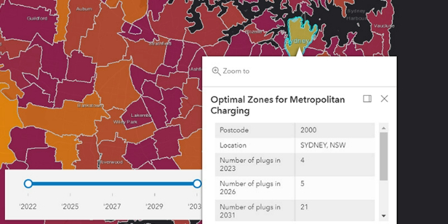 Map image with an information box on the right hand side depicting optimal zones for metropolitan charging.