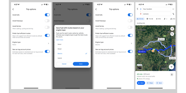 Screenshots showing how to choose energy efficient routes in Google maps