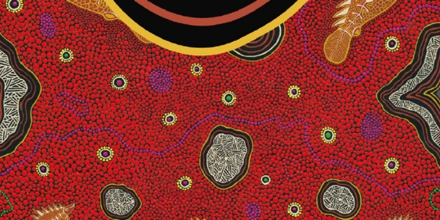 View of an intricate and colourful piece of indigenous artwork by artist Eddy Harris.