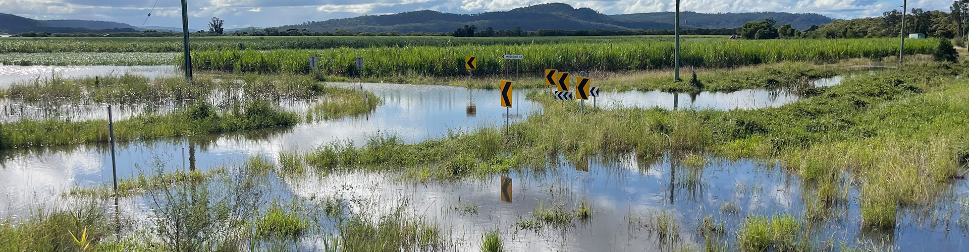 Flooded roads near Harwood after Ex-Tropical Cyclone Alfred, 2025.