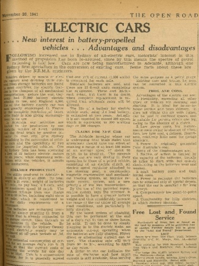 Article from the 1941 NRMA Open Road magazine with the headline Electric cars, new interest in battery-propelled vehicles.