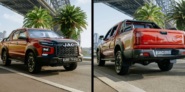 Front and rear view of a red JAC T9 dual-cab ute.