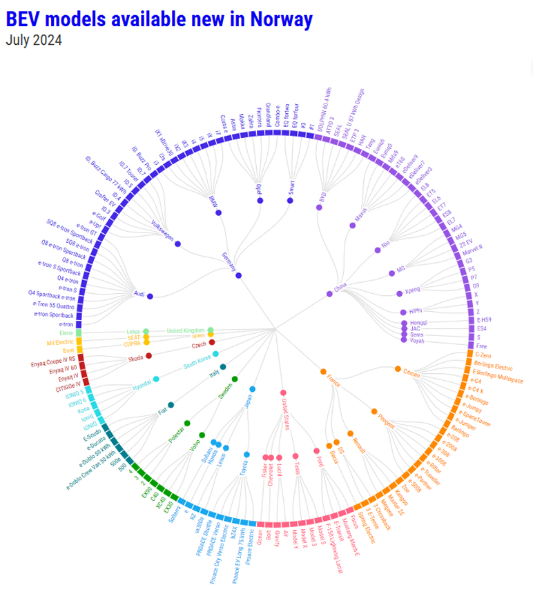 Chart of electric vehicle makes and model available in Norway 2024