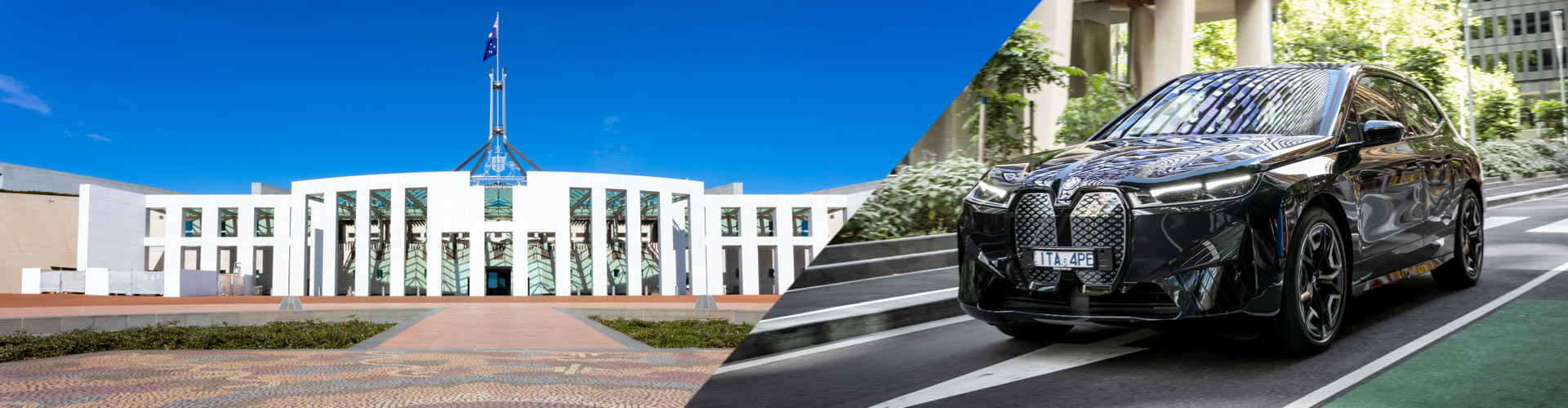 Parliament house and BMW iX xDrive40