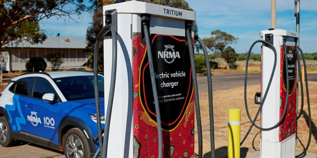 NRMA EV charger in the outback with indigenous design