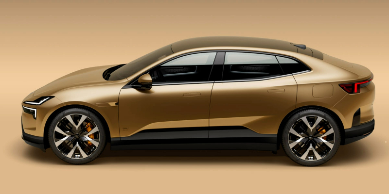 Side view of a gold Polestar 4 utility SUV vehicle.