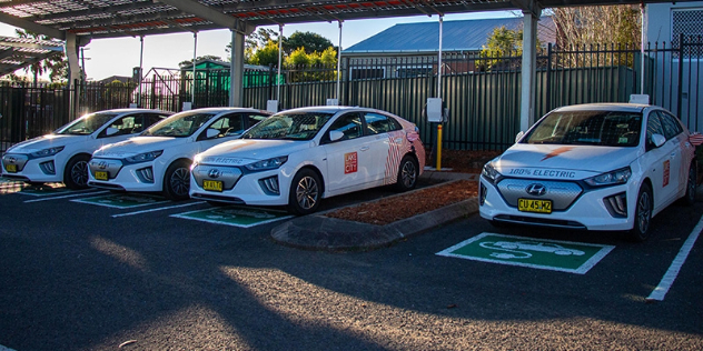 Lake Macquarie Council's fleet of Hyundai EVs parked 