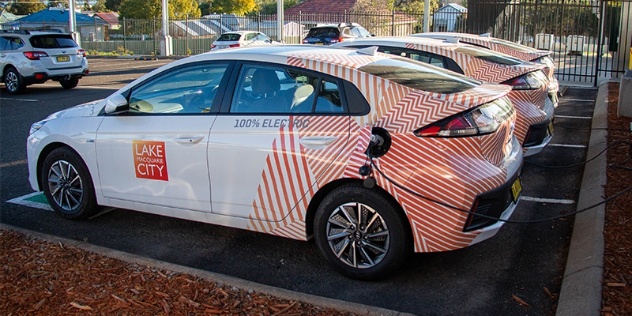 Lake Macquarie Council's fleet of Hyundai EVs parked under a shelter