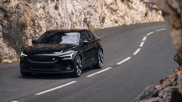 A black Polestar 2 Single Motor Long Range on a mountain road
