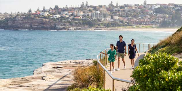 A family on the Bondi to Bronte coastal walk
