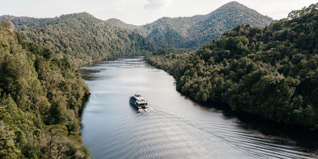 An aerial shot of a a boat sailing down the Gordon River