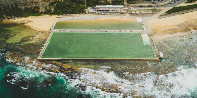 Aerial overlooking Merewether Ocean Baths, Merewether in Newcastle.