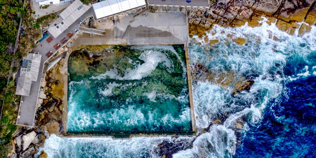 Aerial overlooking Wylie's Bath, Coogee.