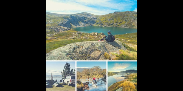  A collage of four photos: a woman sitting next to a mountaintop crater lake, a campsite by a lake, people horseback riding through a creek, and a grassy, wetland lake.