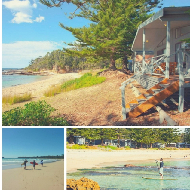  A collage of three photos; a holiday house veranda opening onto a beach, surfers walking along a beach, and a man paddle boarding near a sunny shore.