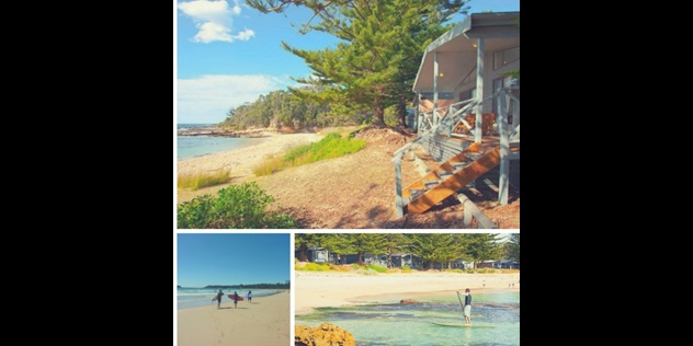 A collage of three photos; a holiday house veranda opening onto a beach, surfers walking along a beach, and a man paddle boarding near a sunny shore.
