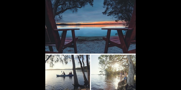  A collage of three photos; two chairs on a beach facing a orange sunset over a lake, a family canoeing, and a boy and girl walking by trees on a lake's edge.