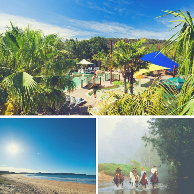  A collage of three photos; a resort pool area, an empty, idyllic sandy beach, and people riding horses through a shallow, misty creek.