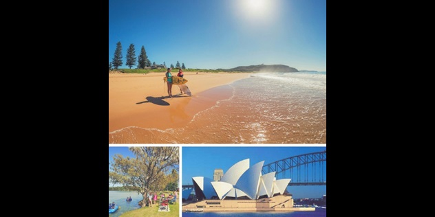  A collage of three photos; two girls holding surfboards on a beach, families picnicking and paddling inflatable boats along a river, and the Sydney Opera House.