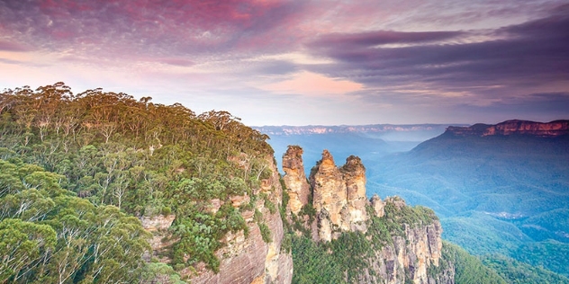 arial view of the three sisters rock formation at echo point Katoomba in the Blue Mountains NSW