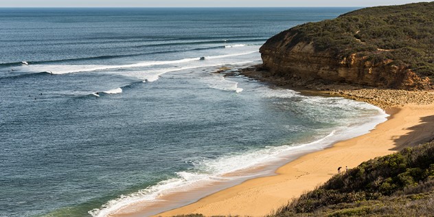 At the ned of a sandy beach a rocky head covered in dark foliage and scrub juts out into dark blue water on an overcast day.