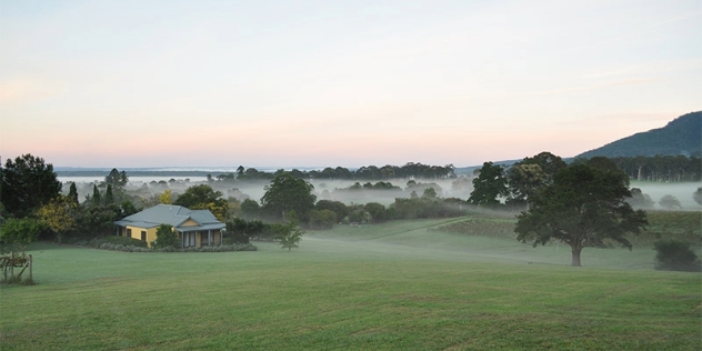 early morning view of yellow single-storey house surrounded by fields on a misty morning