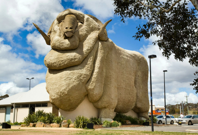 A fifteen metre tall sculpture of a horned ram with a full, woolly coat and contented expression sits next to a parking lot. 